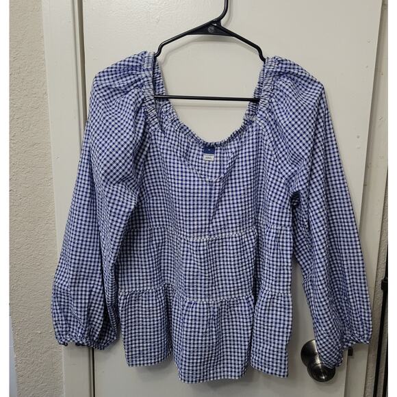 Old Navy Tiered Seersucker Long Sleeve Swing Top Size Medium Plaid Blue White - Picture 1 of 9
